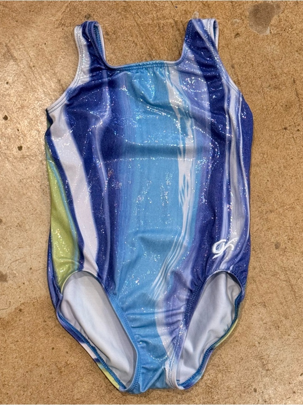 GK Elite blue watercolor printed gymnastics leotard CM